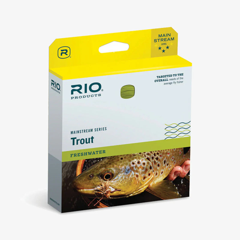 RIO Mainstream Trout Weight Forward Fly Line for fly fishing, featuring a sleek design and visualization of the line on a white background.
