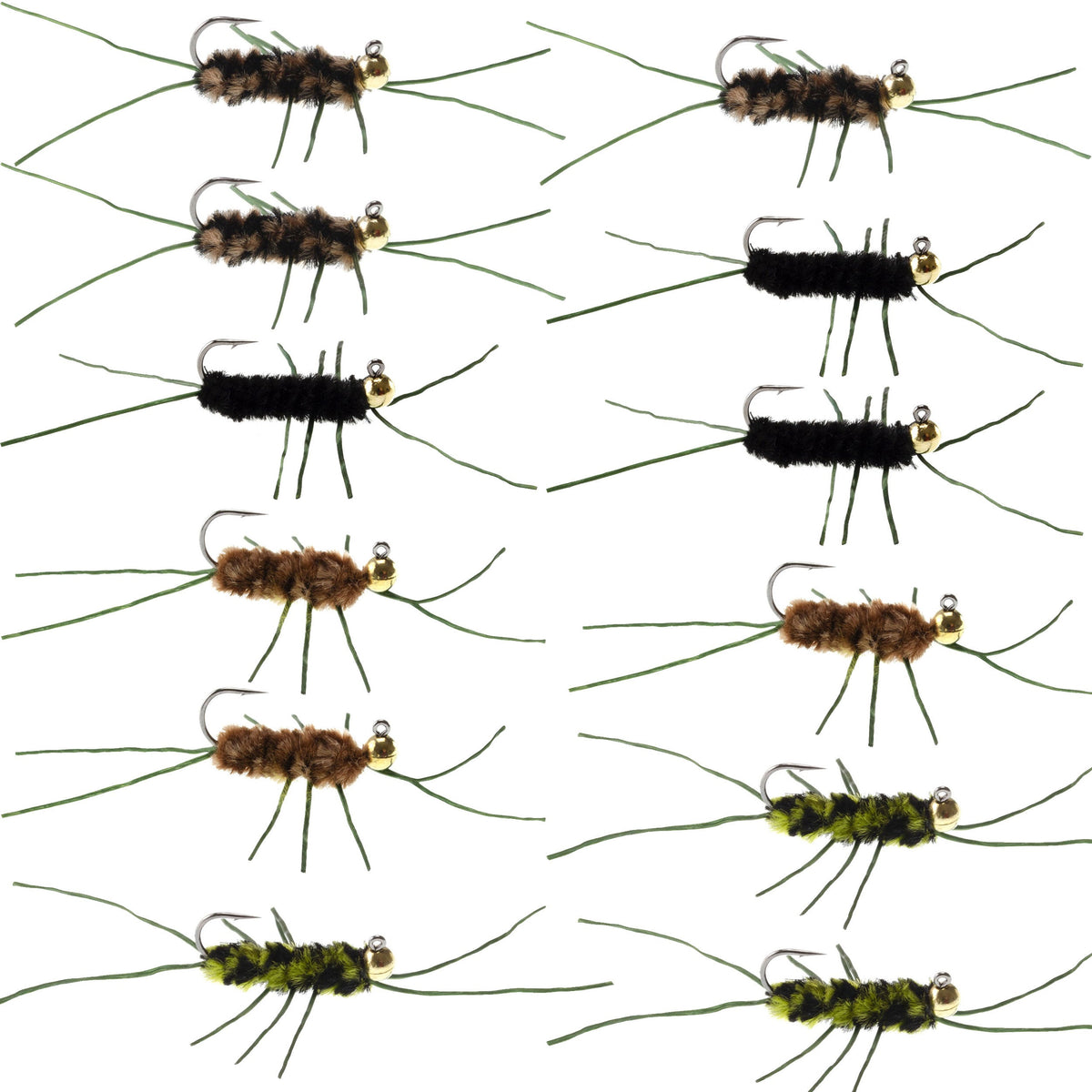Assorted Tungsten Bead Jigged Pat's Rubber Legs Nymph wet flies for trout and bass, hook size 10, in vibrant colors for fly fishing.