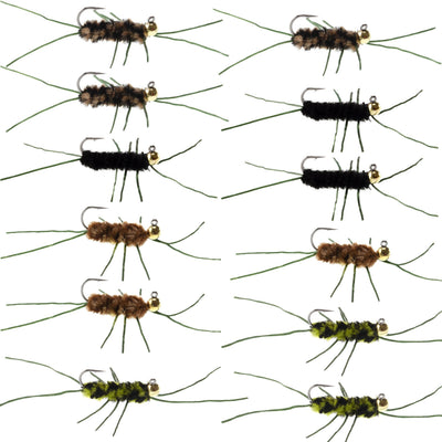 Assorted Tungsten Bead Jigged Pat's Rubber Legs Nymph wet flies for trout and bass, hook size 10, in vibrant colors for fly fishing.