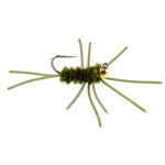 Tungsten bead Pat's Rubber Legs Nymph trout wet fly with green body and gold bead hook size 10 for fly fishing.