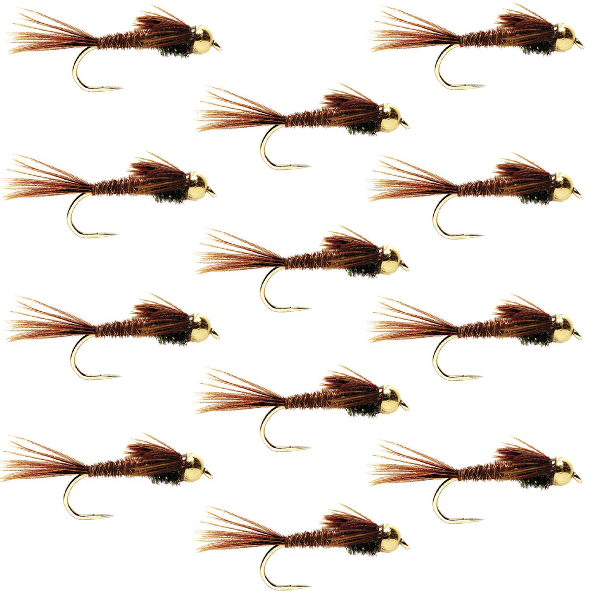 Set of 12 barbless pheasant tail nymph wet flies for trout fishing, size 14, with bead accents, by The Fly Fishing Place.