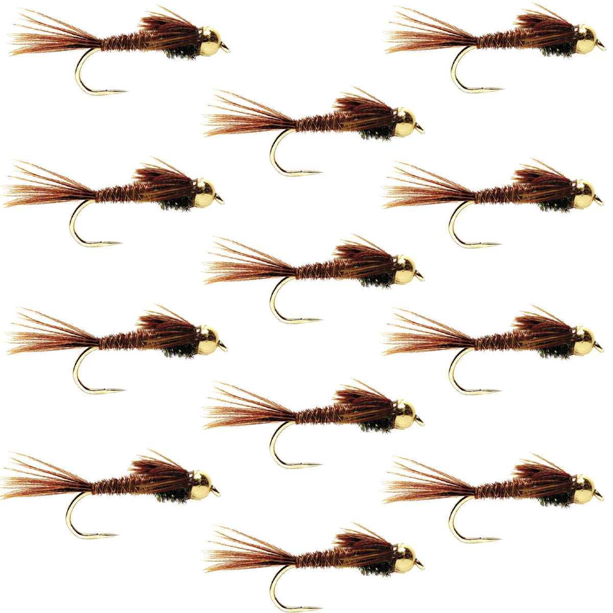 Multiple brown and gold fishing lures arranged in a grid on a white background