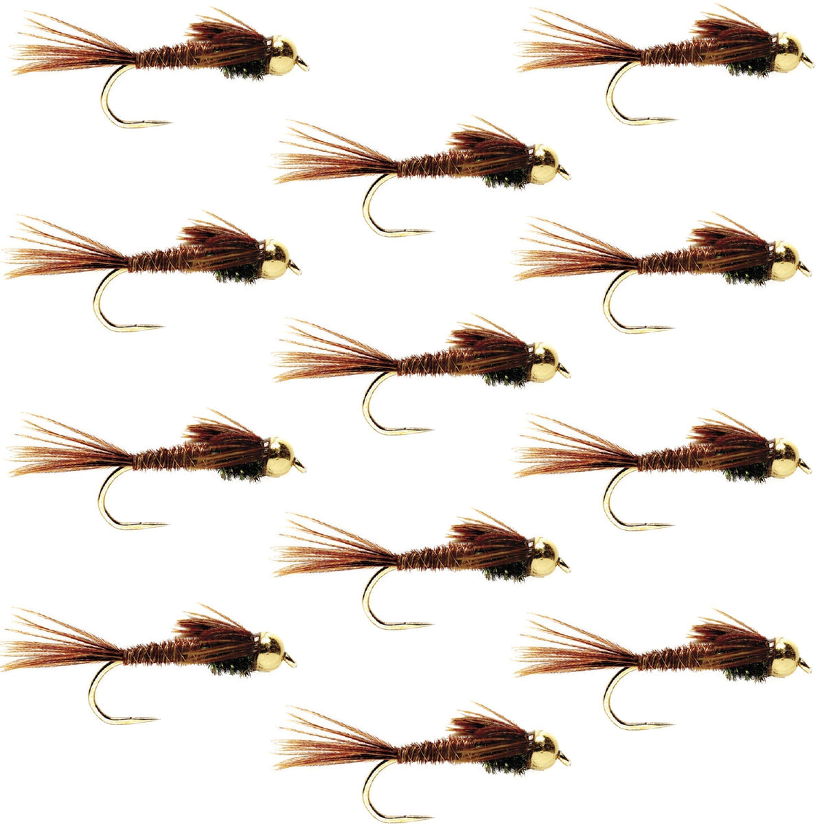 Set of 12 barbless pheasant tail nymph flies for trout fishing, size 10, with bead accents, by The Fly Fishing Place.