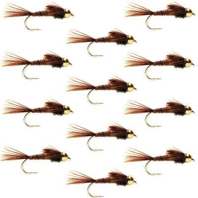 Set of 12 barbless pheasant tail nymph flies for trout fishing, size 10, with bead accents, by The Fly Fishing Place.