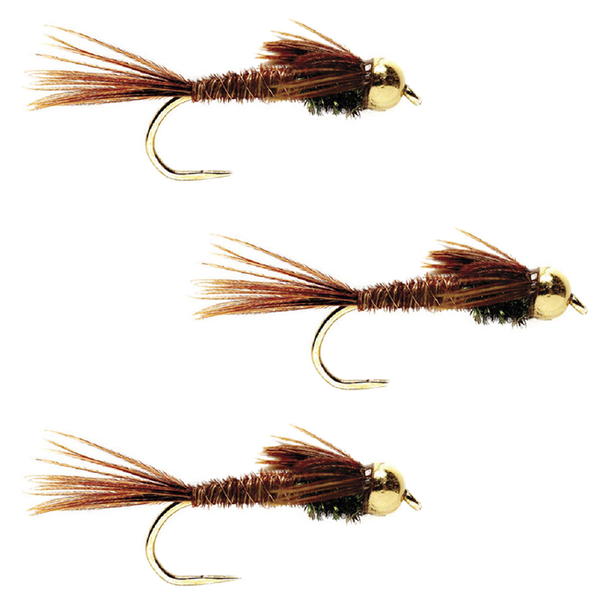 Three barbless bead head pheasant tail nymph trout fly hooks in size 14 for fly fishing, featuring realistic pheasant tail and bead details.