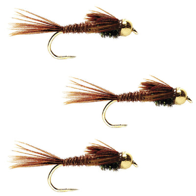 Set of three barbless pheasant tail nymph fly hooks in size 12 for trout wet fly fishing, featuring bead detailing.
