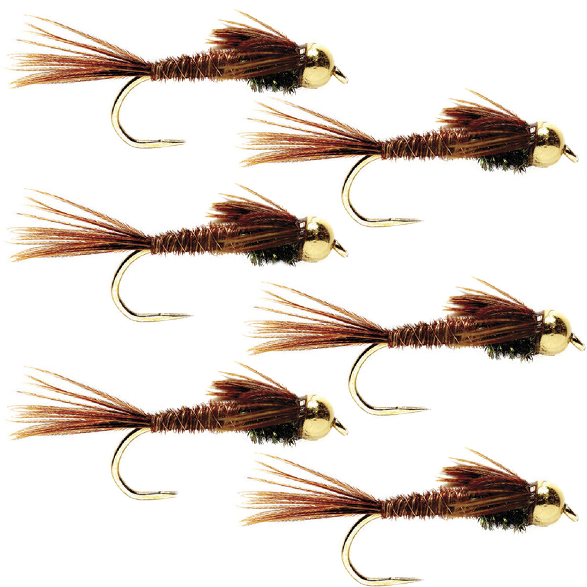 Set of six barbless Pheasant Tail Nymph flies for trout fishing, hook size 14, by The Fly Fishing Place, with bead accents.