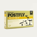 Postfly Trout Fly Tying Kit box with various hooks, feathers, and materials for fishing fly creation.