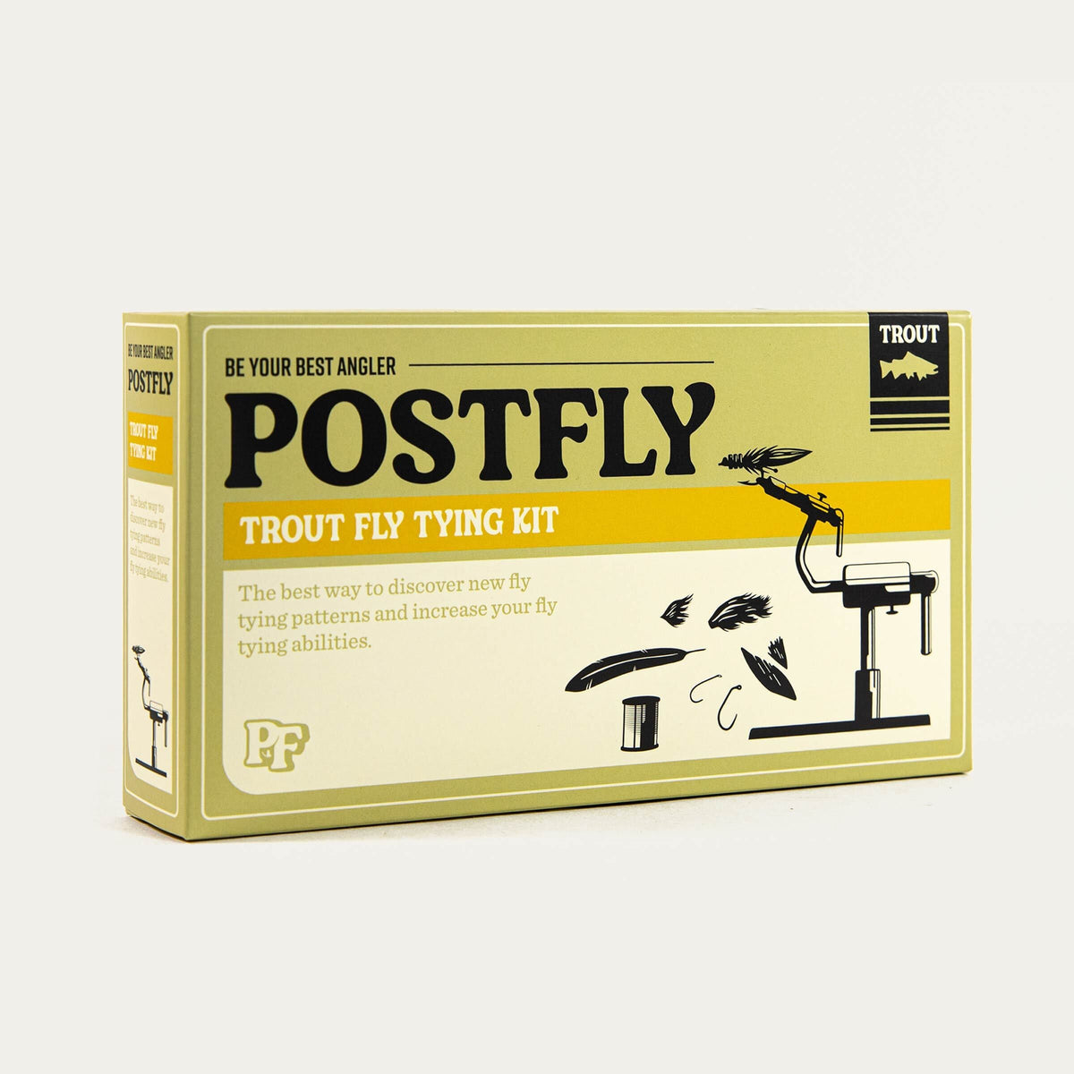 Postfly Trout Fly Tying Kit box with various hooks, feathers, and materials for fishing fly creation.