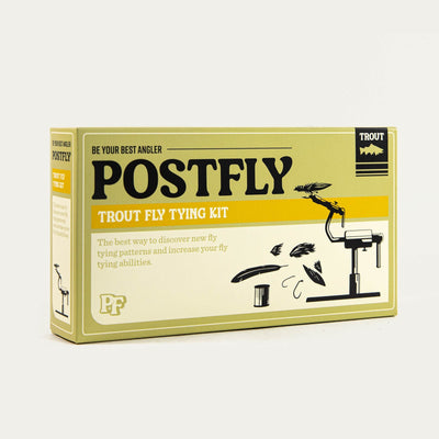Postfly Trout Fly Tying Kit box with various hooks, feathers, and materials for fishing fly creation.