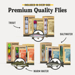 Promotional graphic of Postfly fishing fly boxes with illustrations of fish and text indicating different water types.