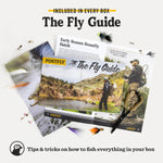 The Fly Guide magazine with fishing-themed graphics and text on a white background