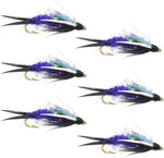 Six Purple Psycho Prince Nymph wet flies for trout fishing, featuring double bead hooks in size 8, by The Fly Fishing Place.