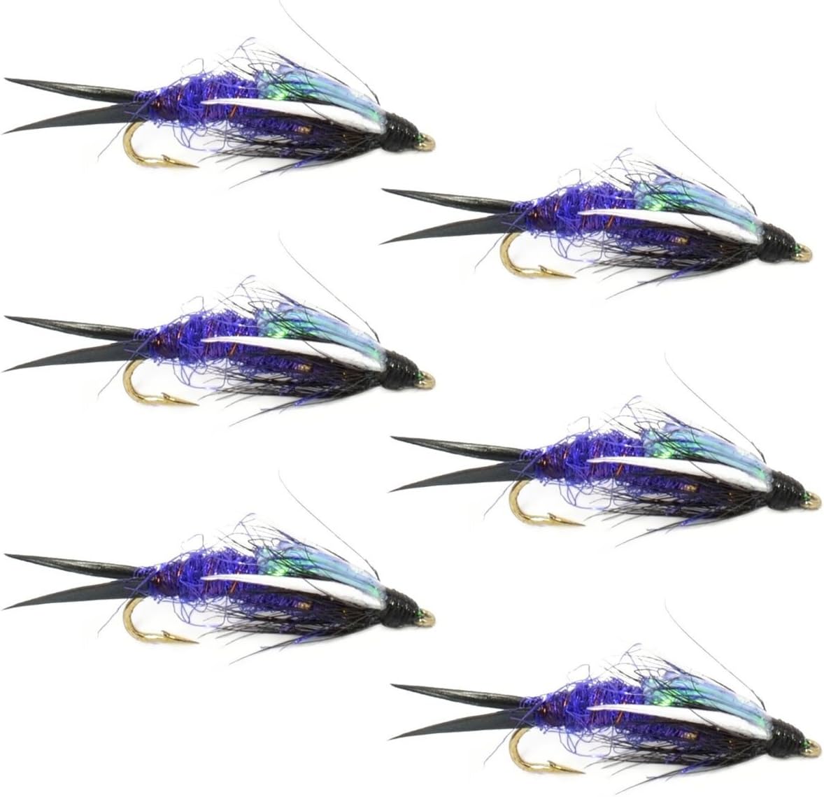 Six Purple Psycho Prince Nymph wet flies for trout fishing, featuring double bead hooks in size 8, by The Fly Fishing Place.