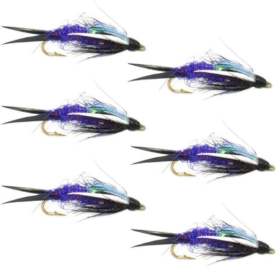Six Purple Psycho Prince Nymph wet flies for trout fishing, featuring double bead hooks in size 8, by The Fly Fishing Place.