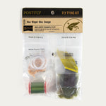 Postfly Trout Fly Tying Kit box with assorted materials for creating fishing flies, including hooks, feathers, and threads.