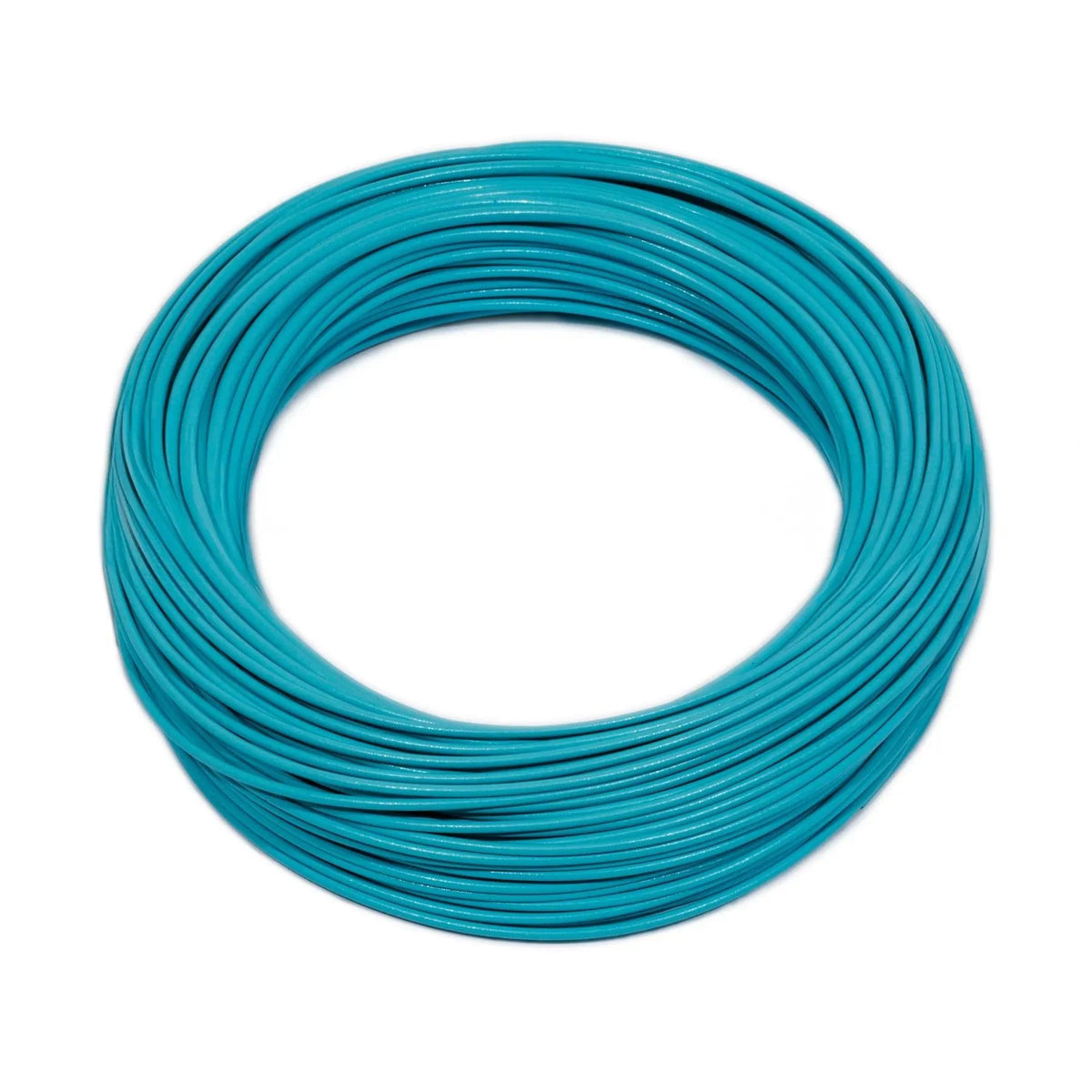 Coiled blue fly line on a white background