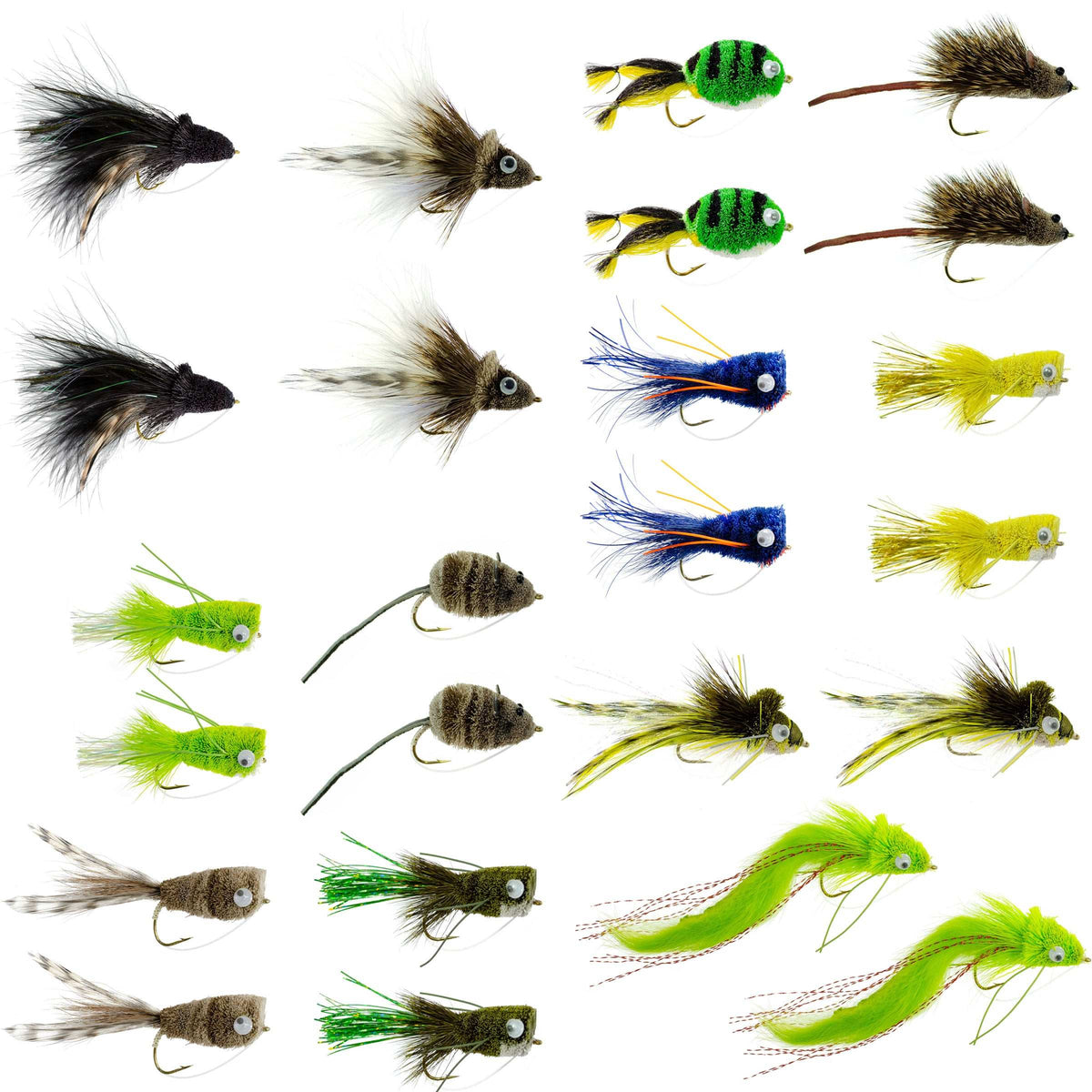 Bass Bug Collection by The Fly Fishing Place featuring 24 spun hair bass flies in hook sizes 2, 4, 6, and 8.