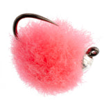Three pink tungsten bead tactical Euro jig eggs in size 16, designed as trout wet flies for fly fishing.