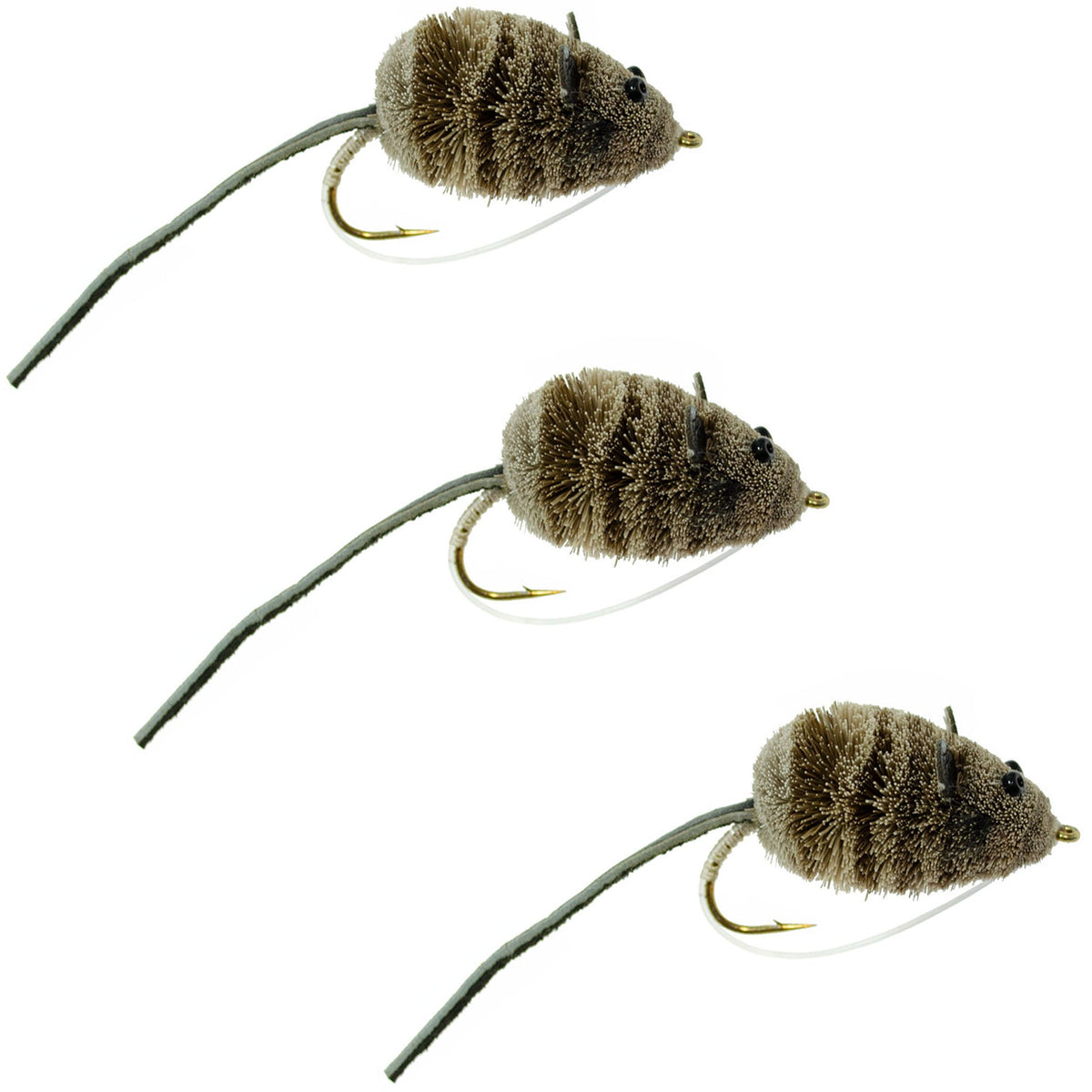 Three size 4 Mighty Mouse Deer Hair Bass Flies with weed guard, ideal for bass fishing, by The Fly Fishing Place.