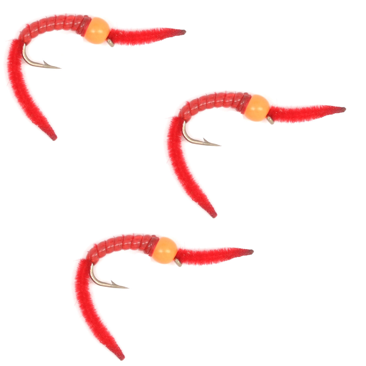Three orange San Juan Power Worm wet flies on size 10 hooks for trout fishing, by The Fly Fishing Place.