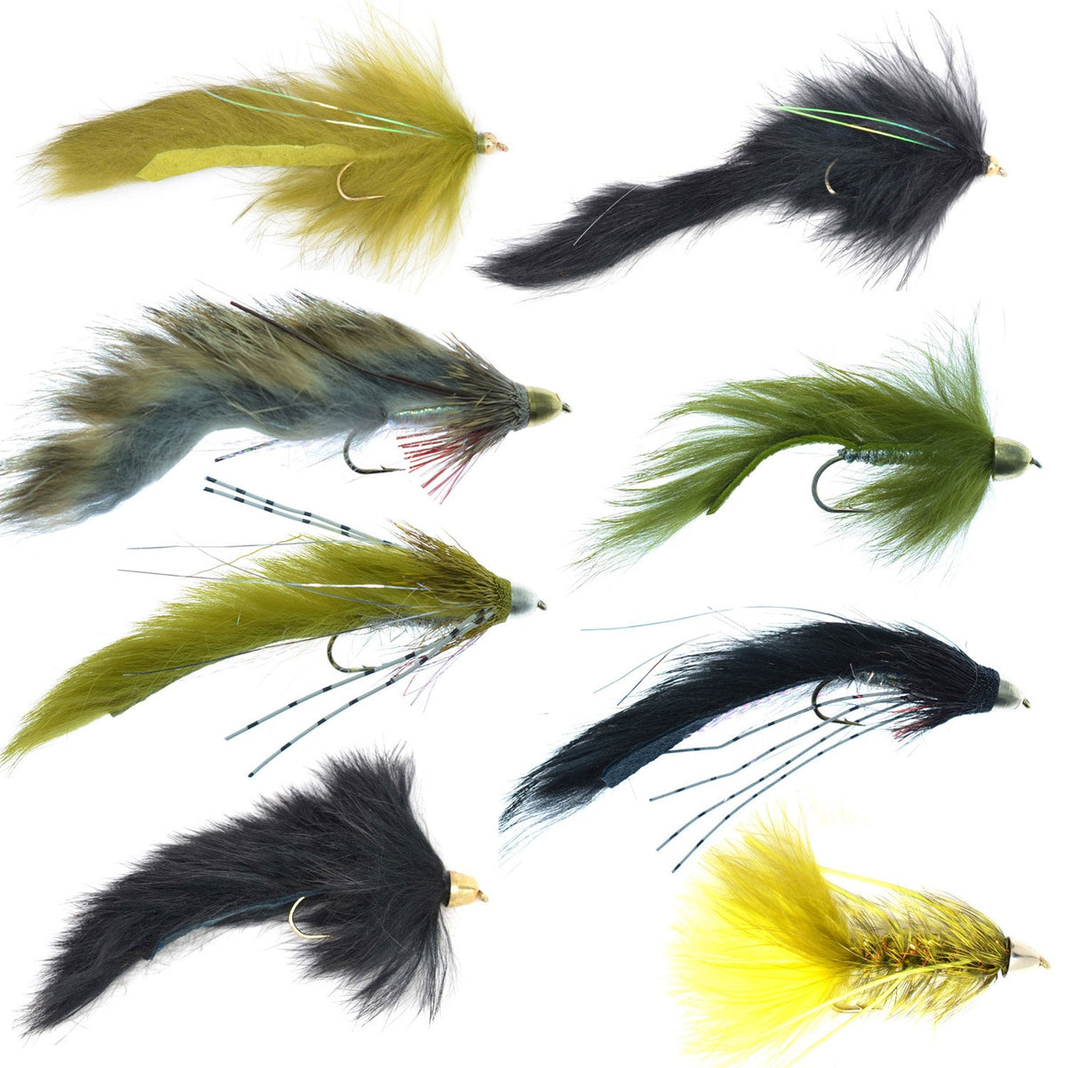 Set of 8 Slumpbuster Bouface Muddy Buddy Bunny trout wet flies by The Fly Fishing Place, featuring colorful streamer patterns for fishing.