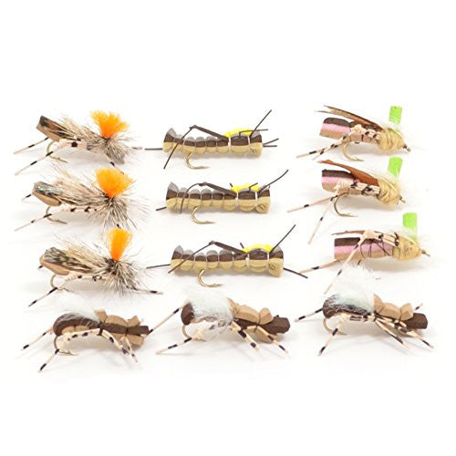 Assorted foam body grasshopper dry flies for trout fishing, part of The Fly Fishing Place terrestrial fly collection.