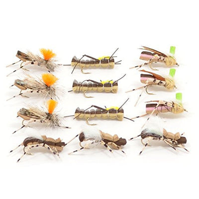 Assorted foam body grasshopper dry flies for trout fishing, part of The Fly Fishing Place terrestrial fly collection.