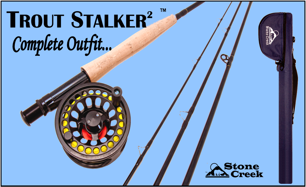 Stone Creek Outfitters TS-2 Trout Stalker fly rod and reel outfit with rod, reel, and line set for freshwater fishing.