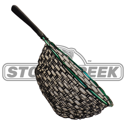 Green aluminum landing net by Stone Creek Outfitters with a sturdy handle and mesh scoop for fishing.
