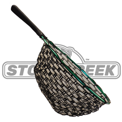 Green aluminum landing net by Stone Creek Outfitters with a sturdy handle and mesh scoop for fishing.