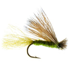 Olive X Caddis emergent dry fly for trout fishing, hook size 18, featuring elk hair for realistic fly presentation.