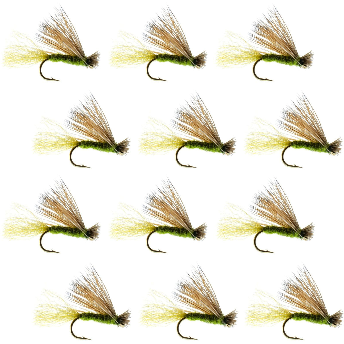 Set of 12 Olive X Caddis dry fly fishing flies with elk hair for trout, size 18, designed for trout angling.