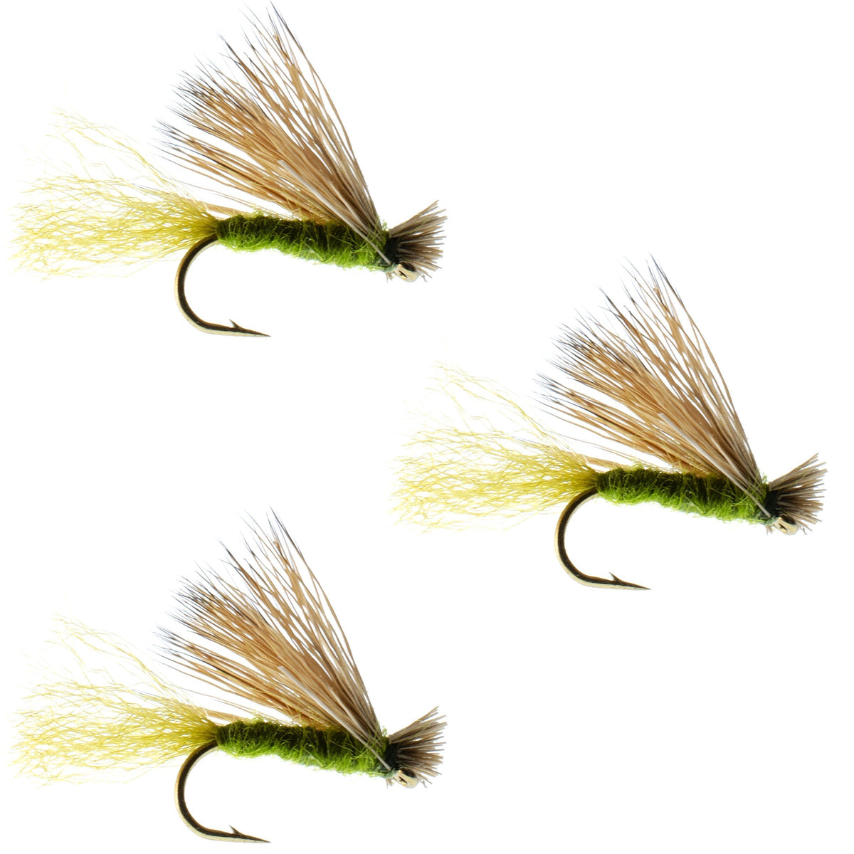 Three olive-colored Elk Hair Caddis dry flies for trout fishing, size 14, from The Fly Fishing Place.