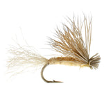 Three tan X Caddis dry flies with elk hair, size 14, designed for trout fishing, featuring realistic fly patterns for freshwater anglers.