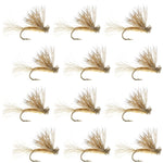 Set of 12 tan X Caddis dry flies for trout fishing with elk hair, size 14, by The Fly Fishing Place.
