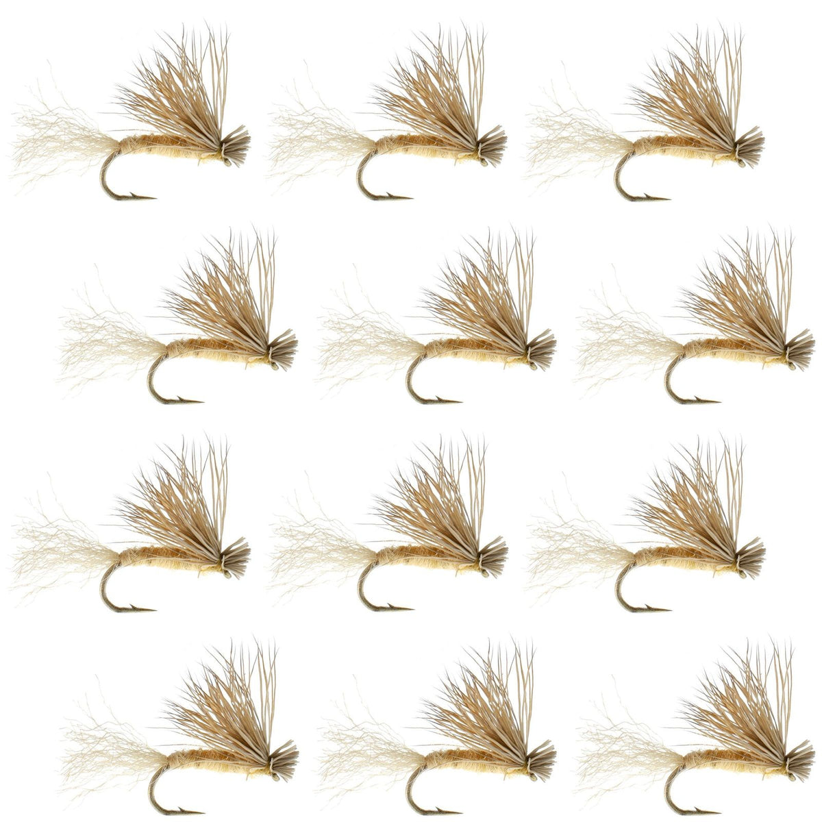 Set of 12 tan X Caddis dry flies for trout fishing with elk hair, size 14, by The Fly Fishing Place.