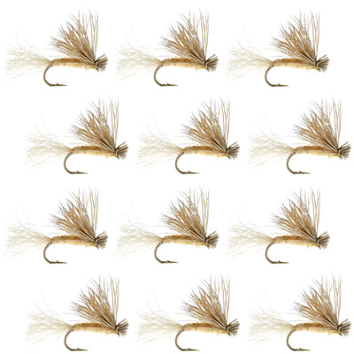 Set of 12 tan X Caddis dry flies for trout fishing with elk hair, size 14, by The Fly Fishing Place.