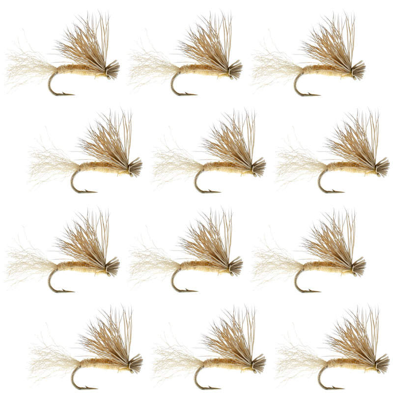Set of 12 tan X Caddis dry flies for trout fishing with elk hair, size 14, by The Fly Fishing Place.