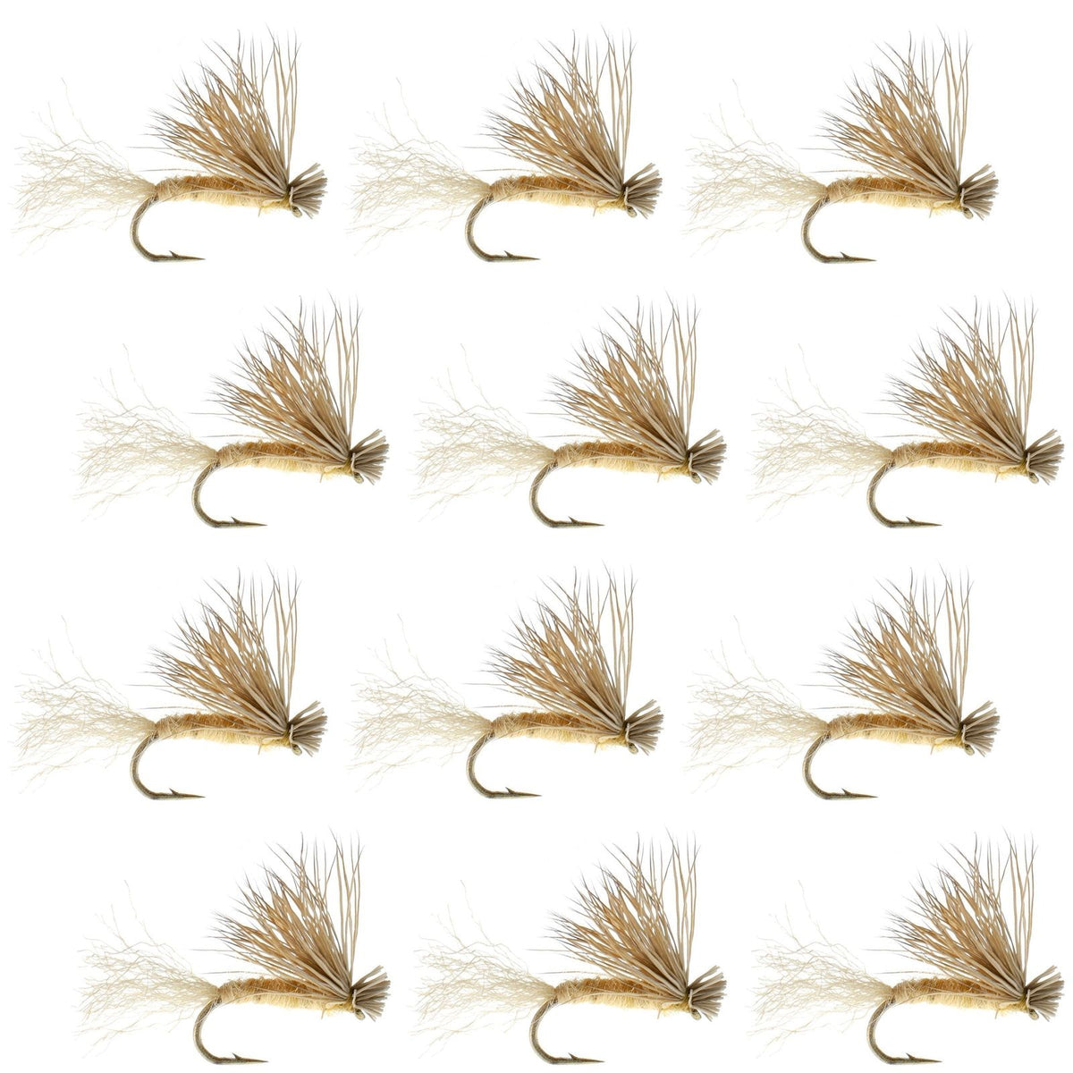 Tan X Caddis adult trout dry fly set of 12 with elk hair, size 18, designed for fly fishing, by The Fly Fishing Place.