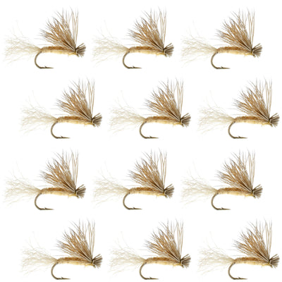 Tan X Caddis adult trout dry fly set of 12 with elk hair, size 18, designed for fly fishing, by The Fly Fishing Place.