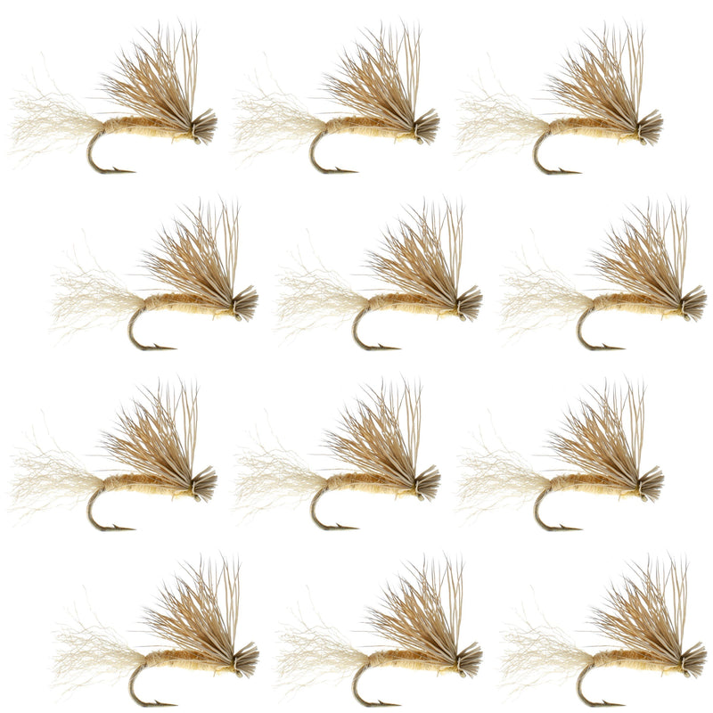 Tan X Caddis adult trout dry fly set of 12 with elk hair, size 18, designed for fly fishing, by The Fly Fishing Place.