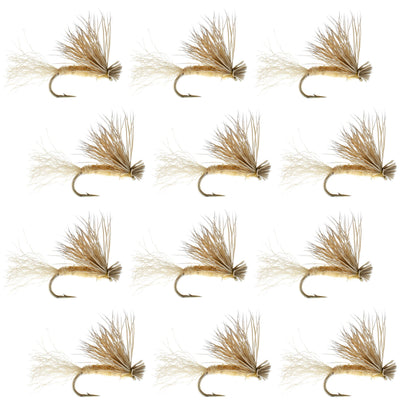 Set of 12 tan X Caddis Elk Hair dry flies for trout fishing, size 16, by The Fly Fishing Place.