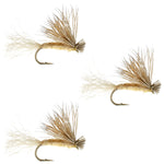 Three tan X Caddis dry fly fishing lures with elk hair, size 18, designed for trout fishing by The Fly Fishing Place.
