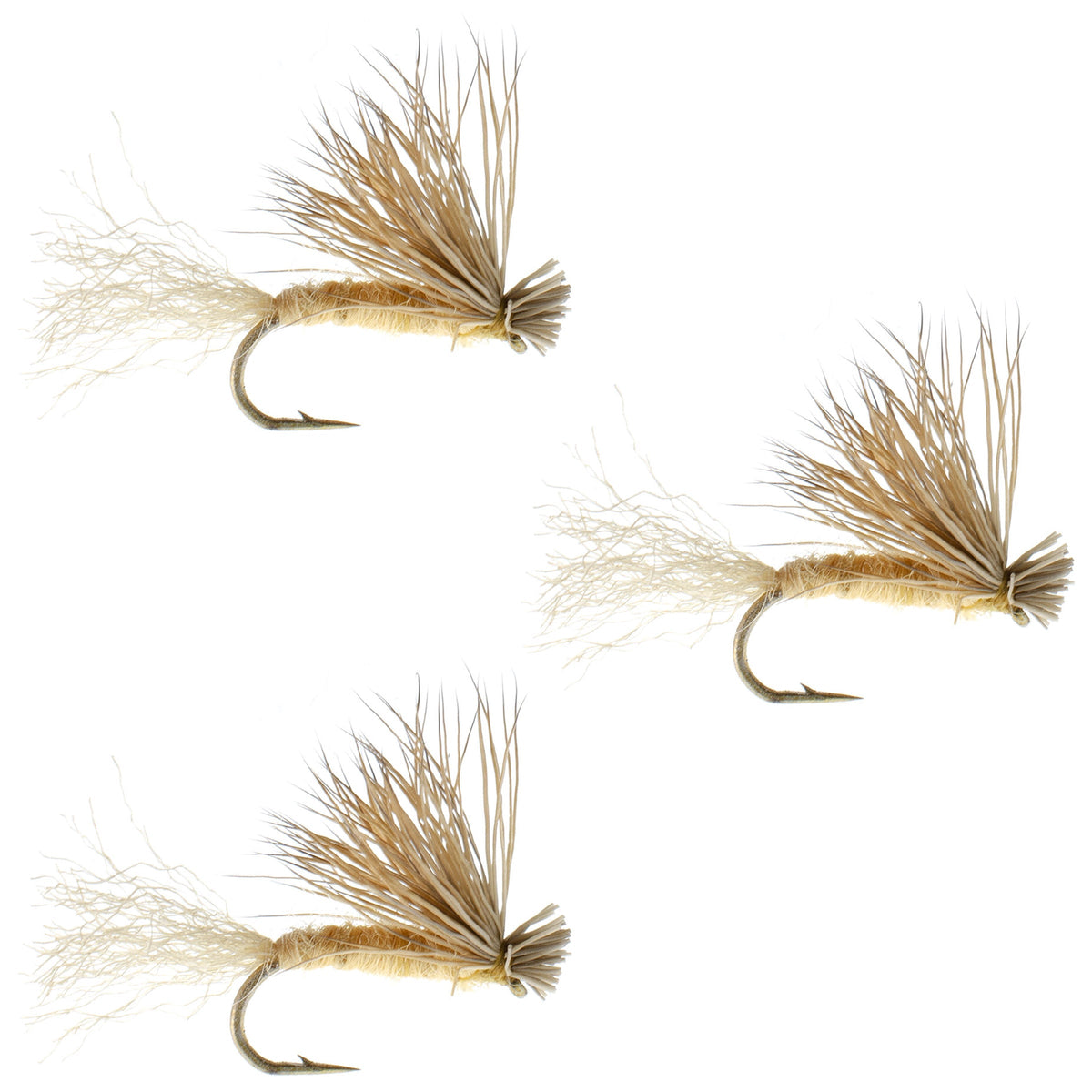 Three tan X Caddis dry fly fishing lures with elk hair, size 18, designed for trout fishing by The Fly Fishing Place.