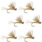 Set of six tan X Caddis dry flies with elk hair, size 14, designed for trout fishing, by The Fly Fishing Place.