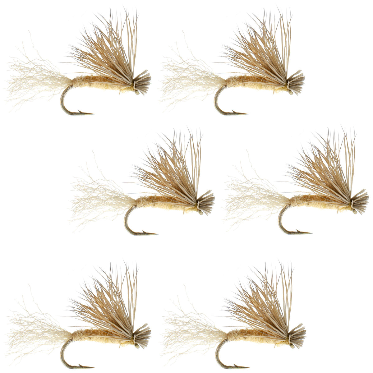 Set of six tan X Caddis dry flies with elk hair, size 14, designed for trout fishing, by The Fly Fishing Place.