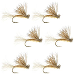 Set of six Tan X Caddis Elk Hair Dry Flies for trout fishing, size 18, with realistic elk hair bodies and hooks.