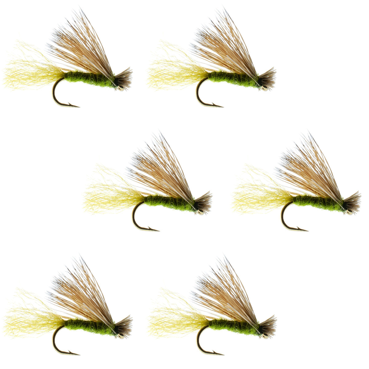 Olive X Caddis adult trout dry fly set with six size 16 flies featuring elk hair for fly fishing.